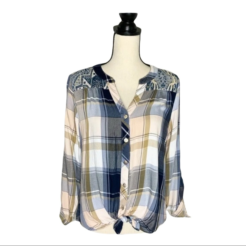 Fig and Flower Button Up Plaid Tunic/Blouse Top